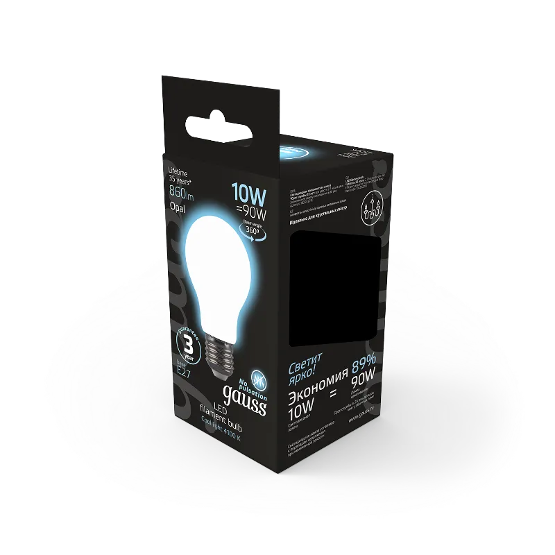 Лампа светодиодная Black LED Filament A60 OPAL E27 10W 860lm 4100К | 102202210 | Gauss