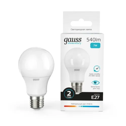 Лампа светодиодная LED 7Вт E27 220В 4100К Elementary A60 | 23227A | Gauss