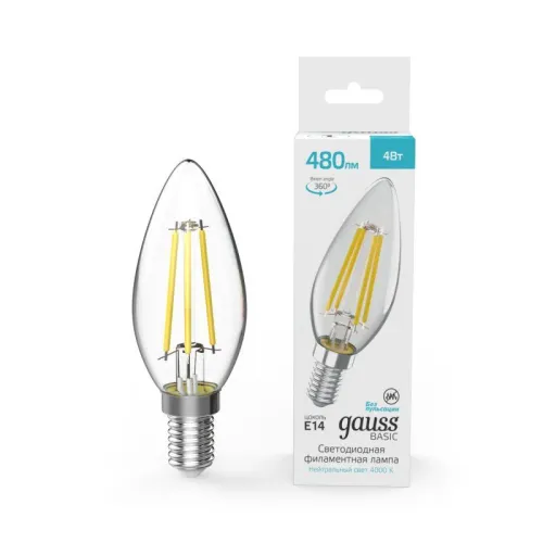 Лампа Gauss Basic Filament Свеча 4W 480lm 4000K E14 LED 1/10/50 50312242