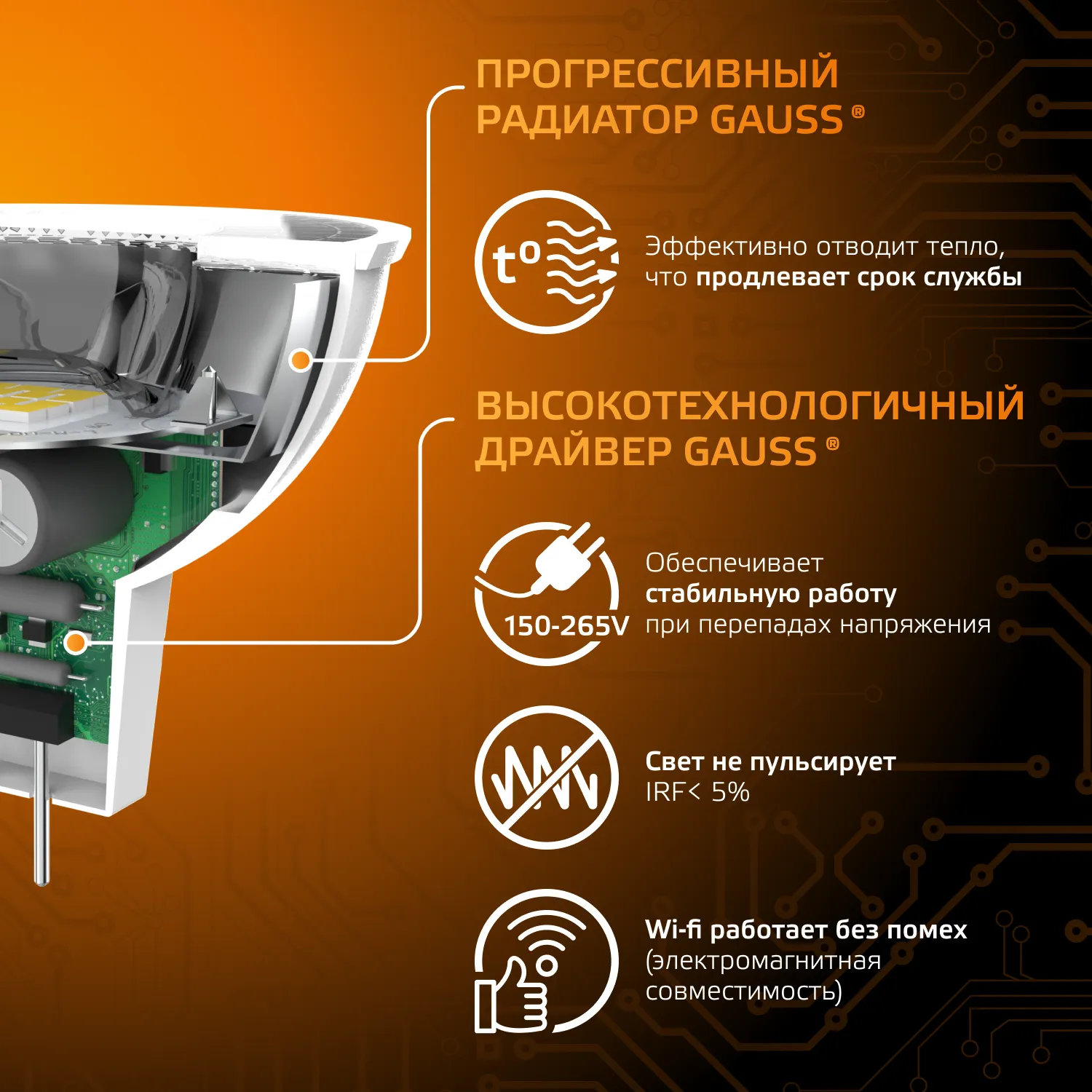 Лампа светодиодная Black 5Вт MR16 софит 3000К тепл. бел. GU5.3 500лм GAUSS 101505105