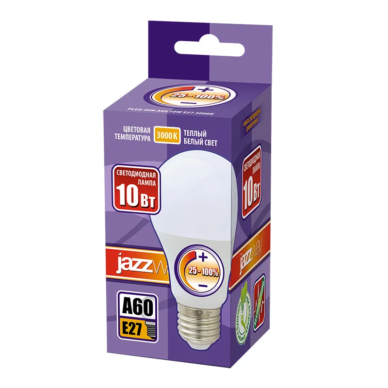 Лампа светодиодная 10 Вт E27 3000 K 820 Lm 220 град PLED DIM JAZZWAY .1028839