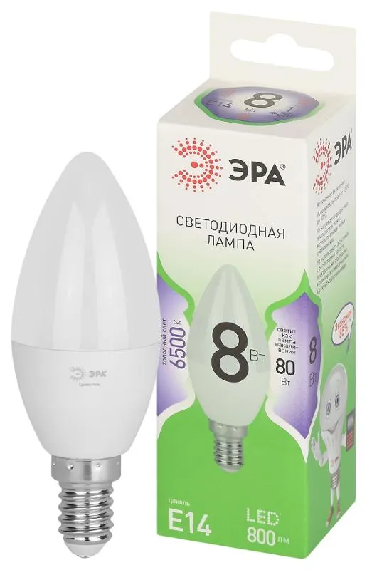 Лампа светодиодная GREEN LINE B35-8W-865-E14 GL E14 8Вт свеча свет холод. Эра Б0067101