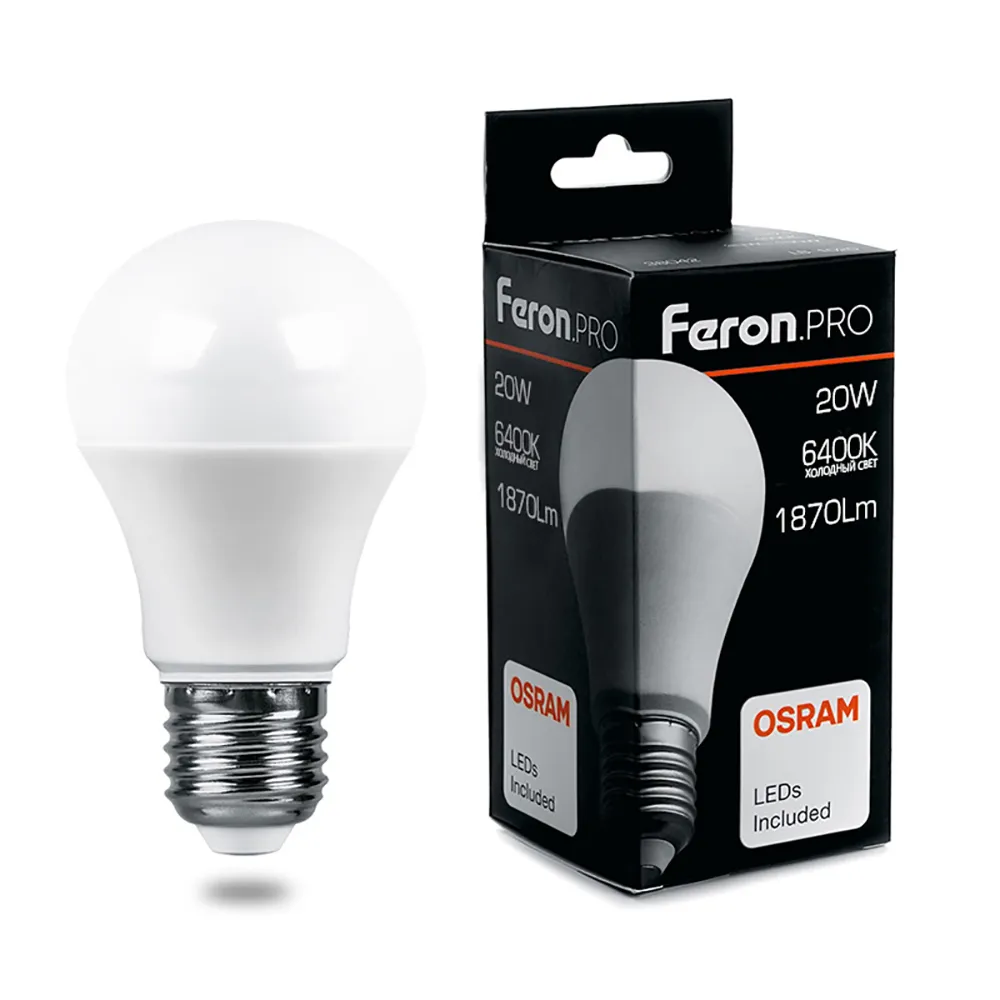 Лампа светодиодная LB-1020 20Вт A65 грушевидная 6400К E27 230В FERON 38043