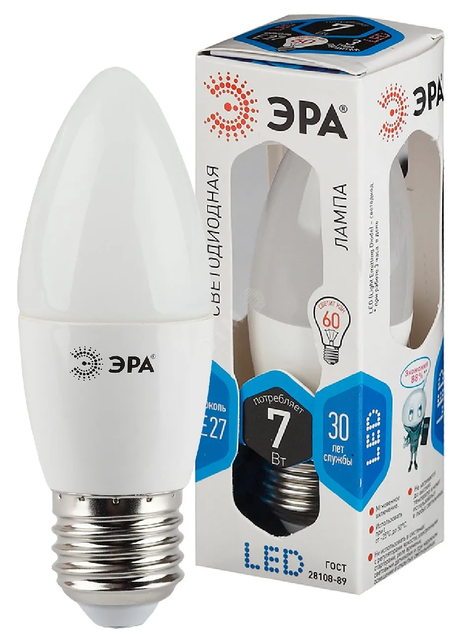 Лампа светодиодная LED 7Вт Е27 220В 4000К smd B35 свеча | Б0020540 | ЭРА