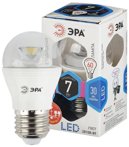 Лампа светодиодная LED  7Вт Е27 4000К СТАНДАРТ smd P45-7w-840-E27-Clear | Б0020553 | ЭРА