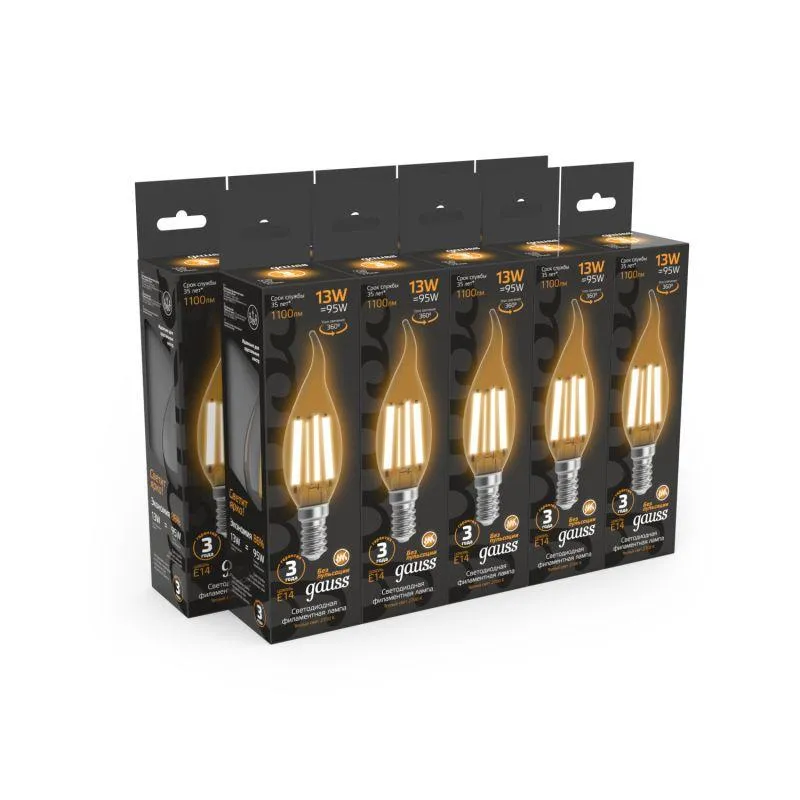 Лампа светодиодная филаментная Black Filament 13Вт свеча на ветру 2700К тепл. бел. E14 1100лм GAUSS 