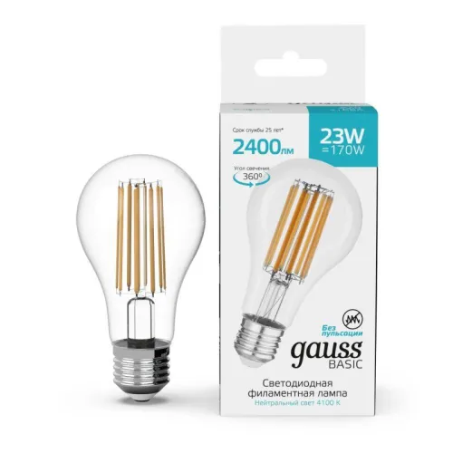 Лампа Gauss Basic Filament А70 23W 2400lm 4100К Е27 LED 1/10/40 40712232