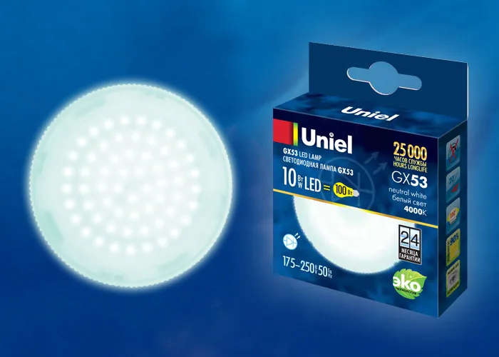 Лампа светодиодная LED-GX53-10W/NW/GX53/FR PLZ01WH 10Вт матовая GX53 Uniel UL-00003721