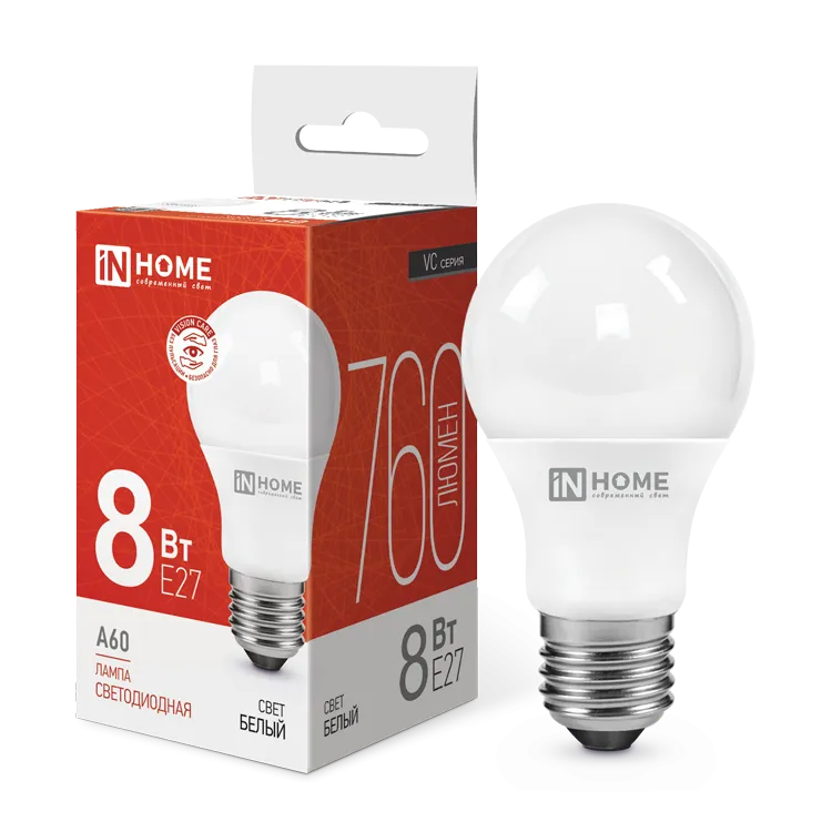 Лампа светодиодная LED-A60-VC 8Вт грушевидная 4000К нейтр. бел. E27 760лм 230В IN HOME 4690612024028