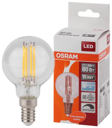 Лампа светодиодная филаментная LED STAR Classic P 5W, прозрачная колба, Е14 LSCLP60D 5W/840 230V FIL