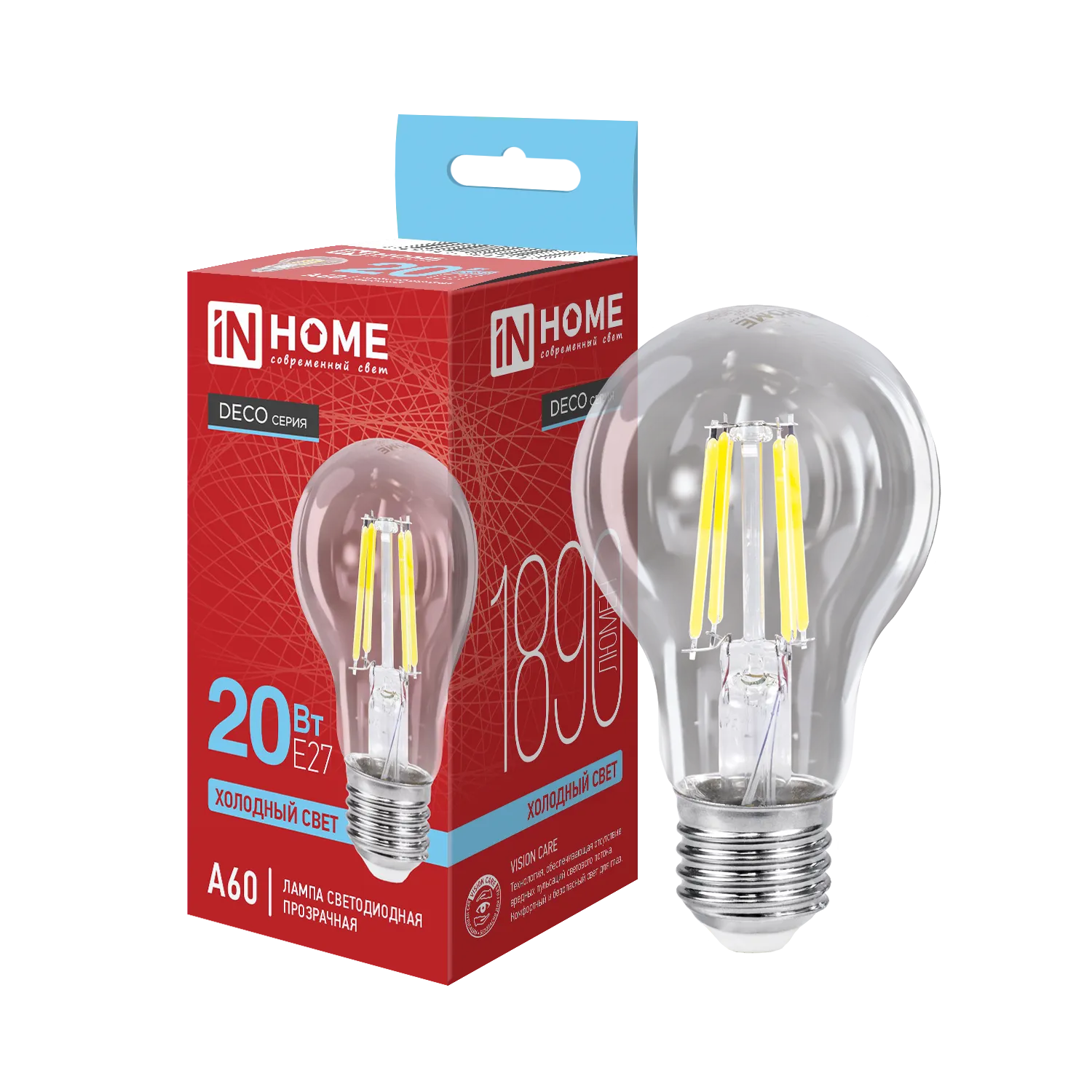 Лампа светодиодная филаментная LED-A60-deco грушевидная прозрачная 20Вт 230В E27 6500К 1890лм IN HOM