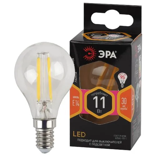 Лампа светодиодная F-LED P45-11w-827-E14 (филамент, шар, 11Вт, тепл, E14) | Б0047012 | ЭРА