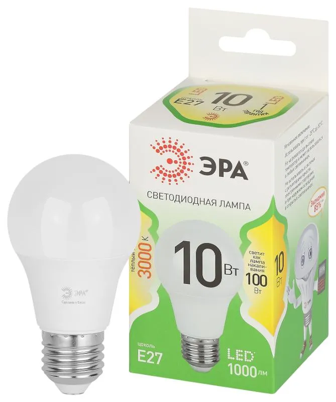 Лампа светодиодная GREEN LINE A60-10W-830-E27 GL E27 10Вт груша свет тепл. Эра Б0067118