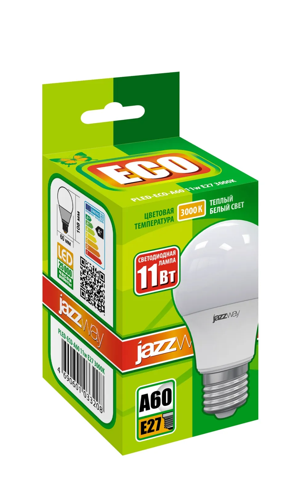 Лампа светодиодная LED 11Вт Е27 220В 3000К PLED- ECO- A60 груша | 1033208 | Jazzway
