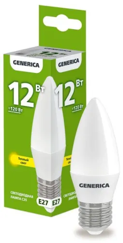 Лампа светодиодная C35 свеча 12Вт 230В 3000К E27  | LL-C35-12-230-30-E27-G | GENERICA