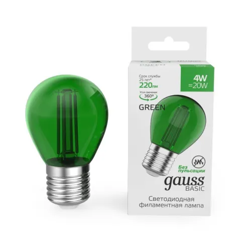 Лампа Gauss Basic Filament Шар 4W 220lm Е27 green LED 1/10/50 10512042-G