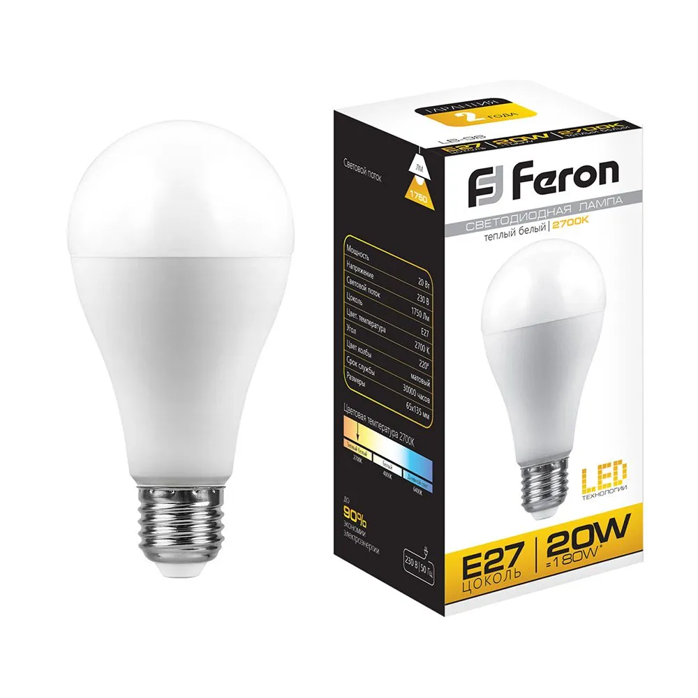 Лампа светодиодная LB-98 20Вт A65 грушевидная 2700К E27 230В FERON 25787
