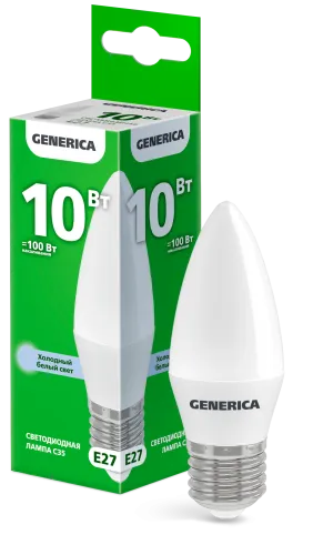 Лампа светодиодная C35 10Вт свеча 6500К E27 230В GENERICA LL-C35-10-230-65-E27-G