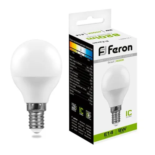 Лампа светодиодная LB-550 9Вт G45 шар 4000К E14 230В FERON 25802