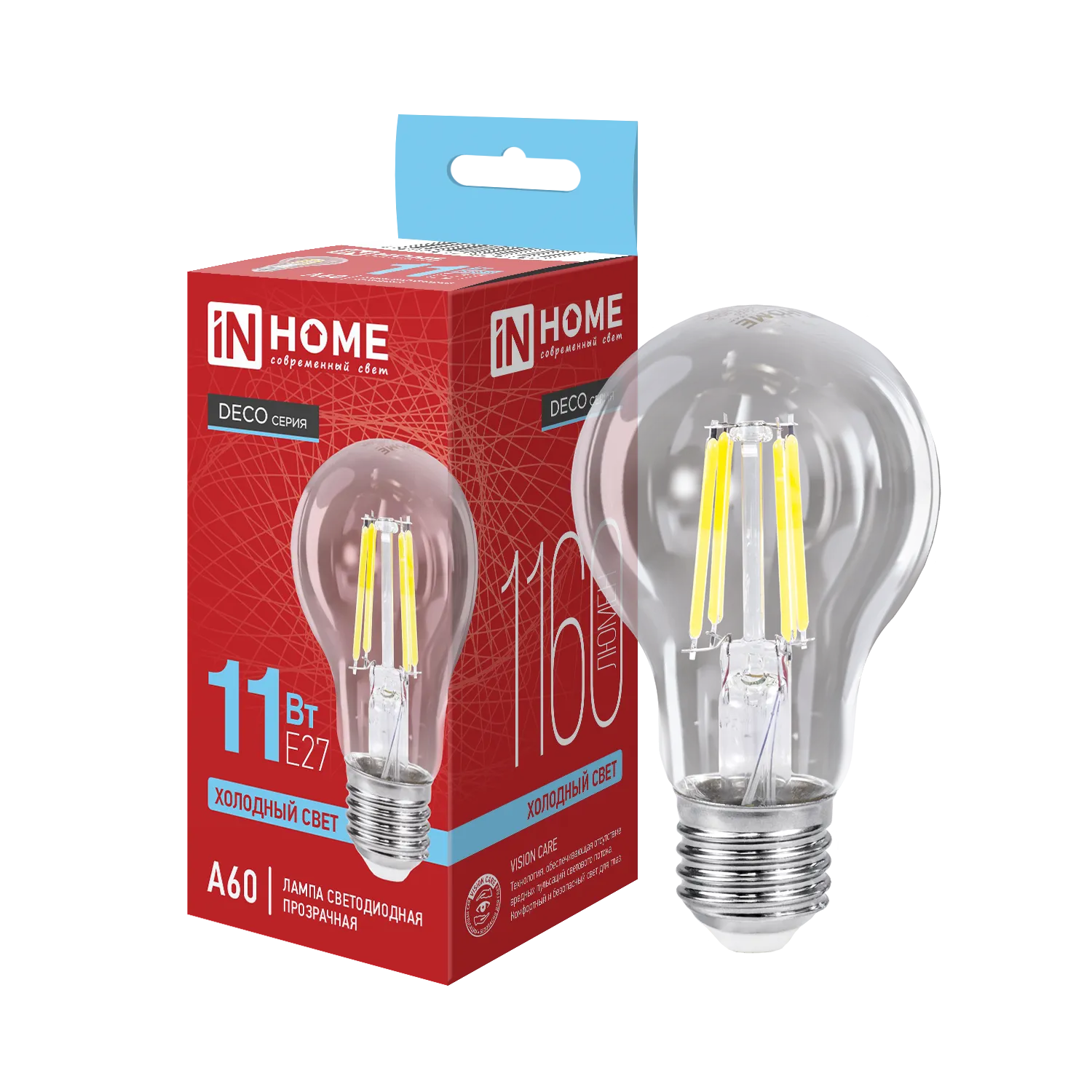 Лампа светодиодная LED-A60-deco 11Вт грушевидная прозрачная 6500К холод. бел. E27 1160лм 230В IN HOM