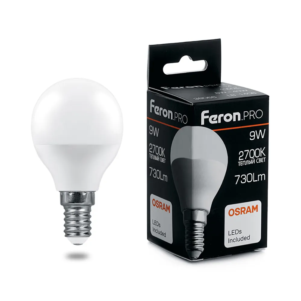 Лампа светодиодная LB-1409 9Вт G45 шар 2700К E14 230В FERON 38077