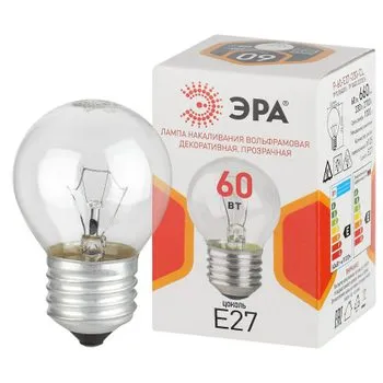 Лампа накаливания P45 60Вт шар E27/E27 230В прозр. ЭРА Б0066558