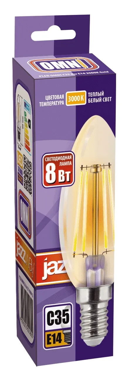 Лампа светодиодная филаментная PLED OMNI 8Вт C35 3000К тепл. бел. E14 230В/50Гц Gold JazzWay 5020917
