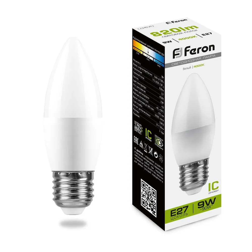 Лампа светодиодная LB-570 9Вт C37 свеча 4000К E27 230В FERON 25937