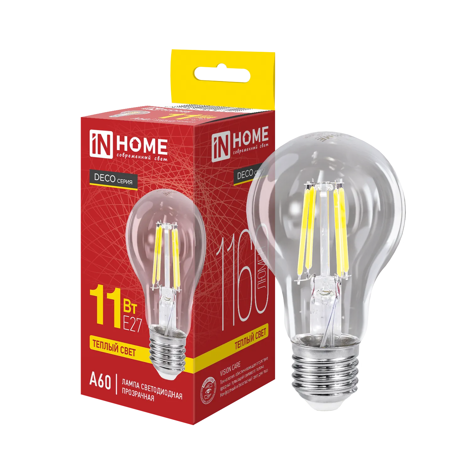 Лампа светодиодная LED-A60-deco 11Вт грушевидная прозрачная 3000К тепл. бел. E27 1160лм 230В IN HOME