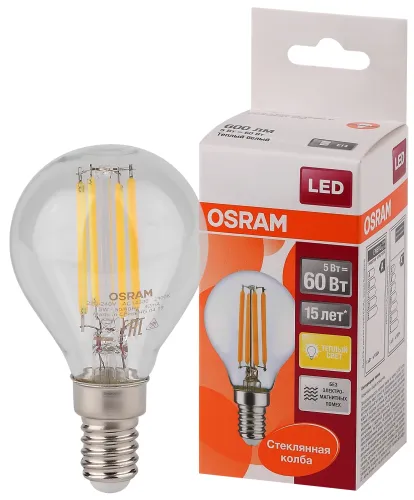 Лампа светодиодная LED 5Вт E14 CLP60 тепло-бел, Filament прозр.шар OSRAM