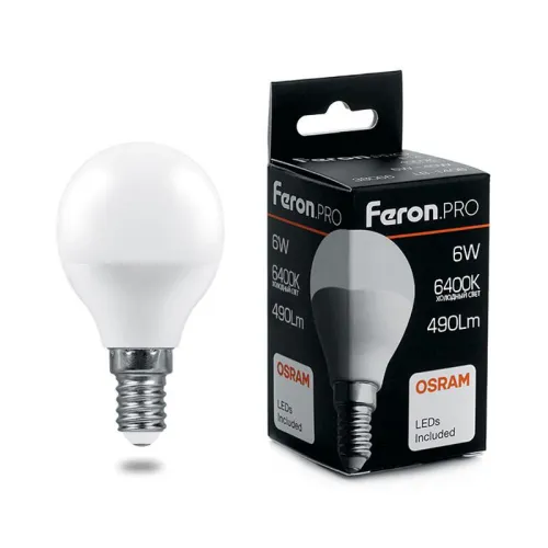 Лампа светодиодная LB-1406 6Вт G45 шар 6400К E14 230В FERON 38067