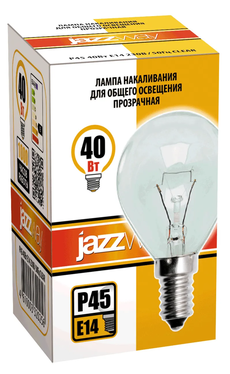 Лампа накаливания ЛОН 40Вт E14 240В P45 clear | 3320256 | Jazzway