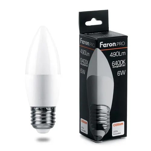 Лампа светодиодная LB-1306 6Вт C37 свеча 6400К E27 230В FERON 38052