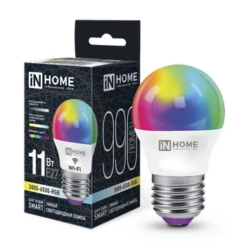 Лампа светодиодная LED-ШАР-RGBW-SMART 11Вт 230В димм. E27 3000-6500К 990лм IN HOME 4690612050058
