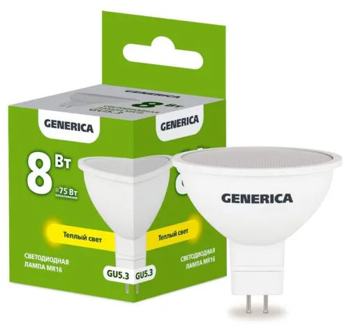 Лампа светодиодная MR16 софит 8Вт 230В 3000К GU5.3  | LL-MR16-08-230-30-GU5-G | GENERICA