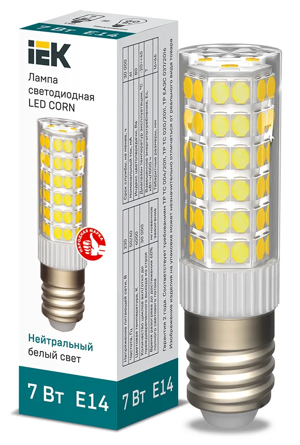 Лампа светодиодная CORN капсула 7Вт 230В 4000К керамика E14 IEK | LLE-CORN-7-230-40-E14 | IEK