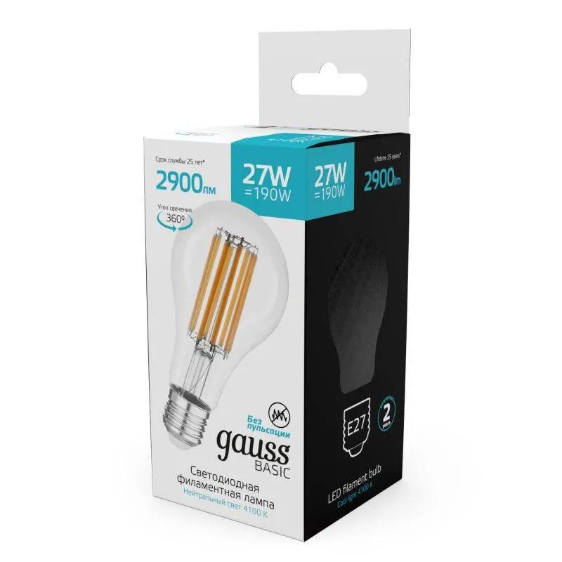 Лампа светодиодная филаментная Basic Filament А70 27Вт 4100К Е27 2900лм GAUSS 40712272