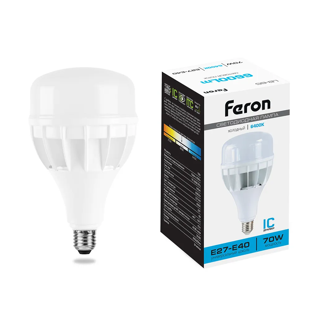 Лампа светодиодная LB-65 70Вт T120 6400К E27-E40 230В FERON 25783