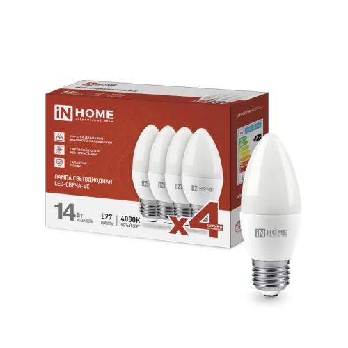Лампа светодиодная LED-СВЕЧА-VC 4PACК 14Вт 230В E27 4000К 1330лм (уп.4шт) IN HOME 4690612052342
