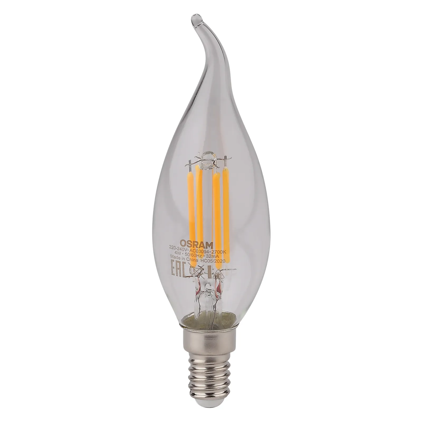 Лампа светодиодная LED 4Вт Е14 FILAMENT CLBA40, тепло-бел, прозр.свеча на ветру OSRAM