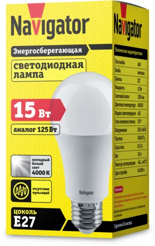 Лампа светодиодная LED 15Вт Е27 230В 4000К NLL-A60-15-230-4K-E27 грушевидная матовая | 71365 | Navig