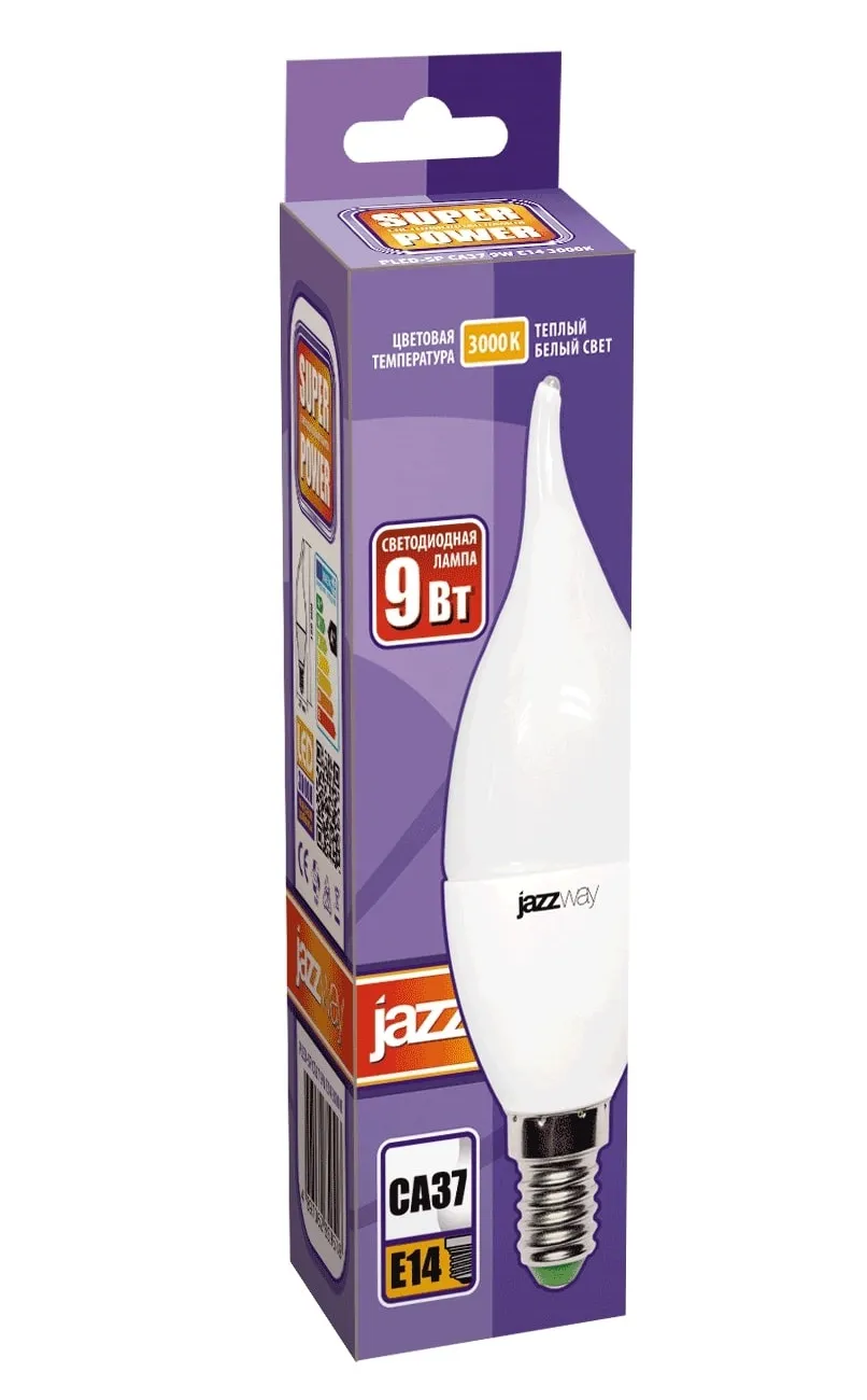 Лампа светодиодная LED 9Вт E14 230В 3000К PLED- SP CA37 | 2859518A | Jazzway