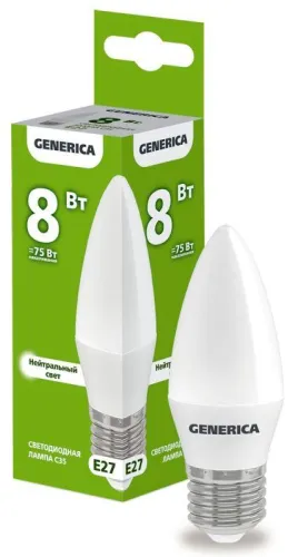 Лампа светодиодная C35 8Вт свеча 4000К E27 230В GENERICA LL-C35-08-230-40-E27-G