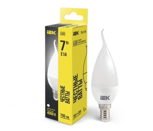Лампа светодиодная LED 7Вт Е14 220В 4000К CB35 свеча на ветру | LLE-CB35-7-230-40-E14 | IEK